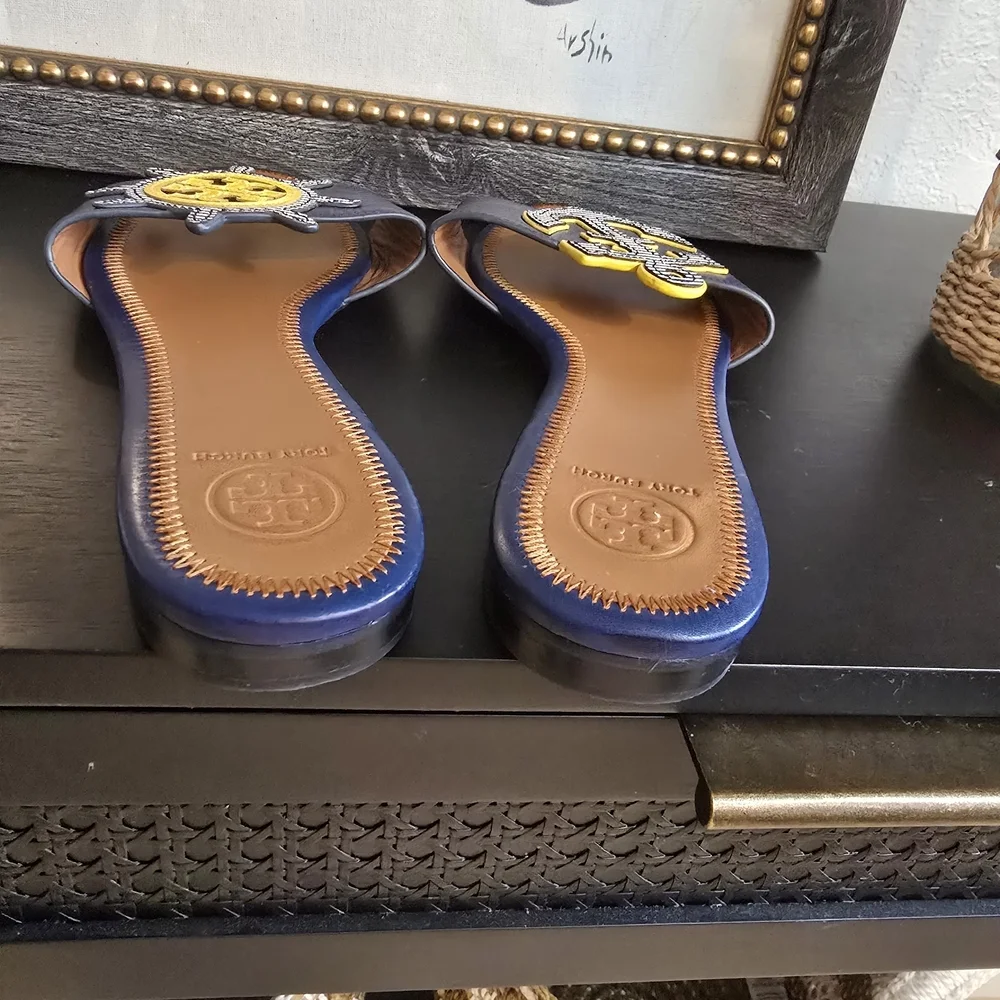 Tory Burch Navy Leather Maritime Slide Sandals 10